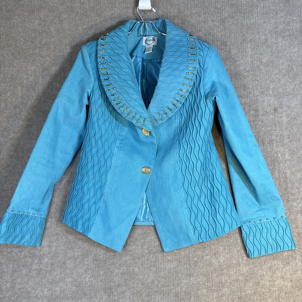Odeliah Denim Blazer Womens 6 Baby Blue Beaded Pintuck Y2K Stretch Jacket